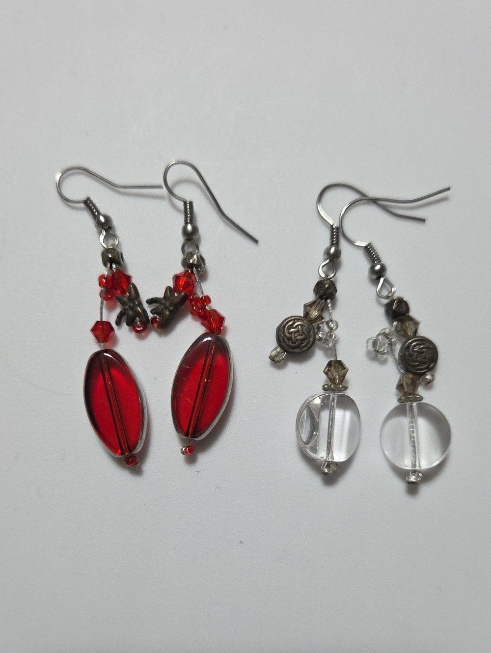 Vintage Glass Bead Dangle Earrings Lot 2 Pairs Red Clear Artisan Style
